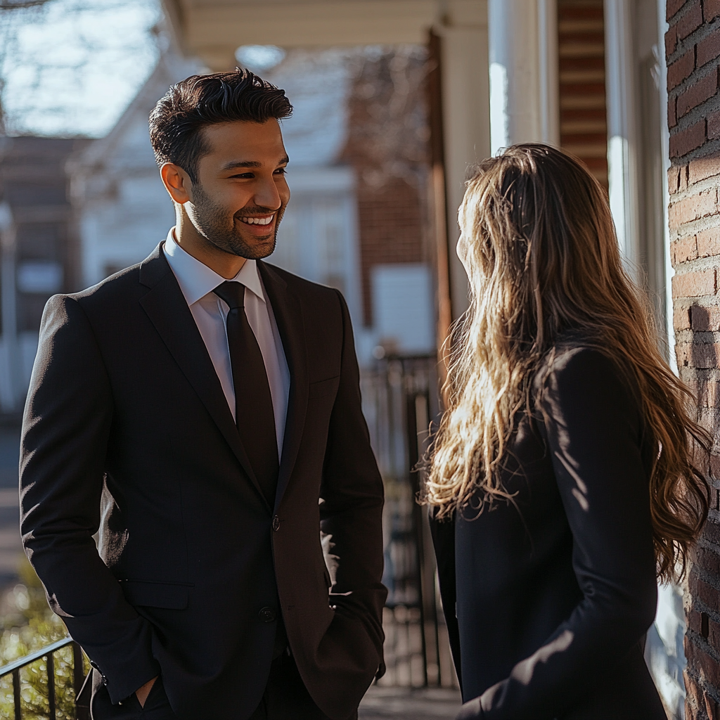 A man talking to a young woman on her porch | Source: Midjourney