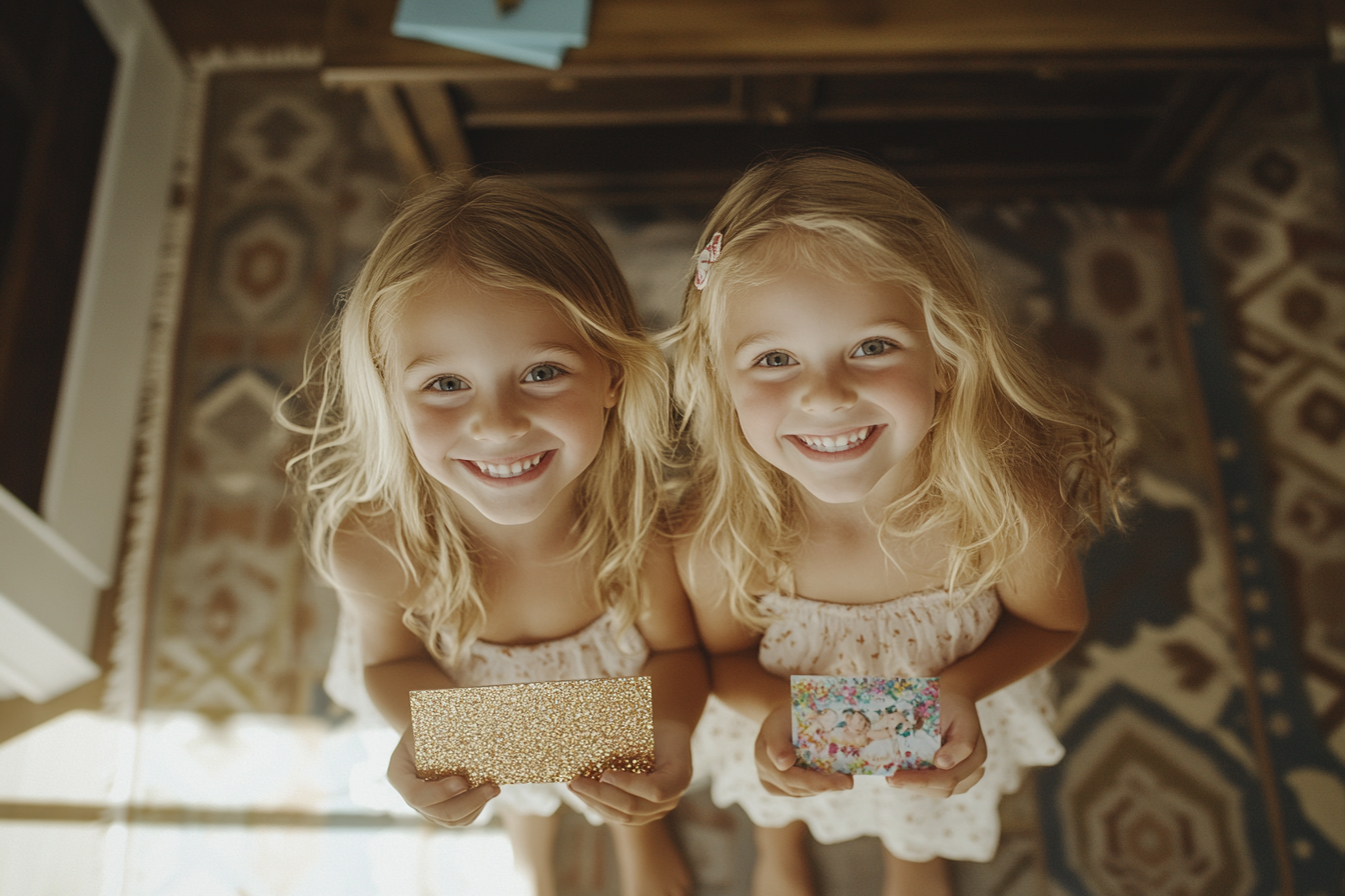 Twin blonde girls, 5 years old, smile while holding cards in the living room | Source: Midjourney