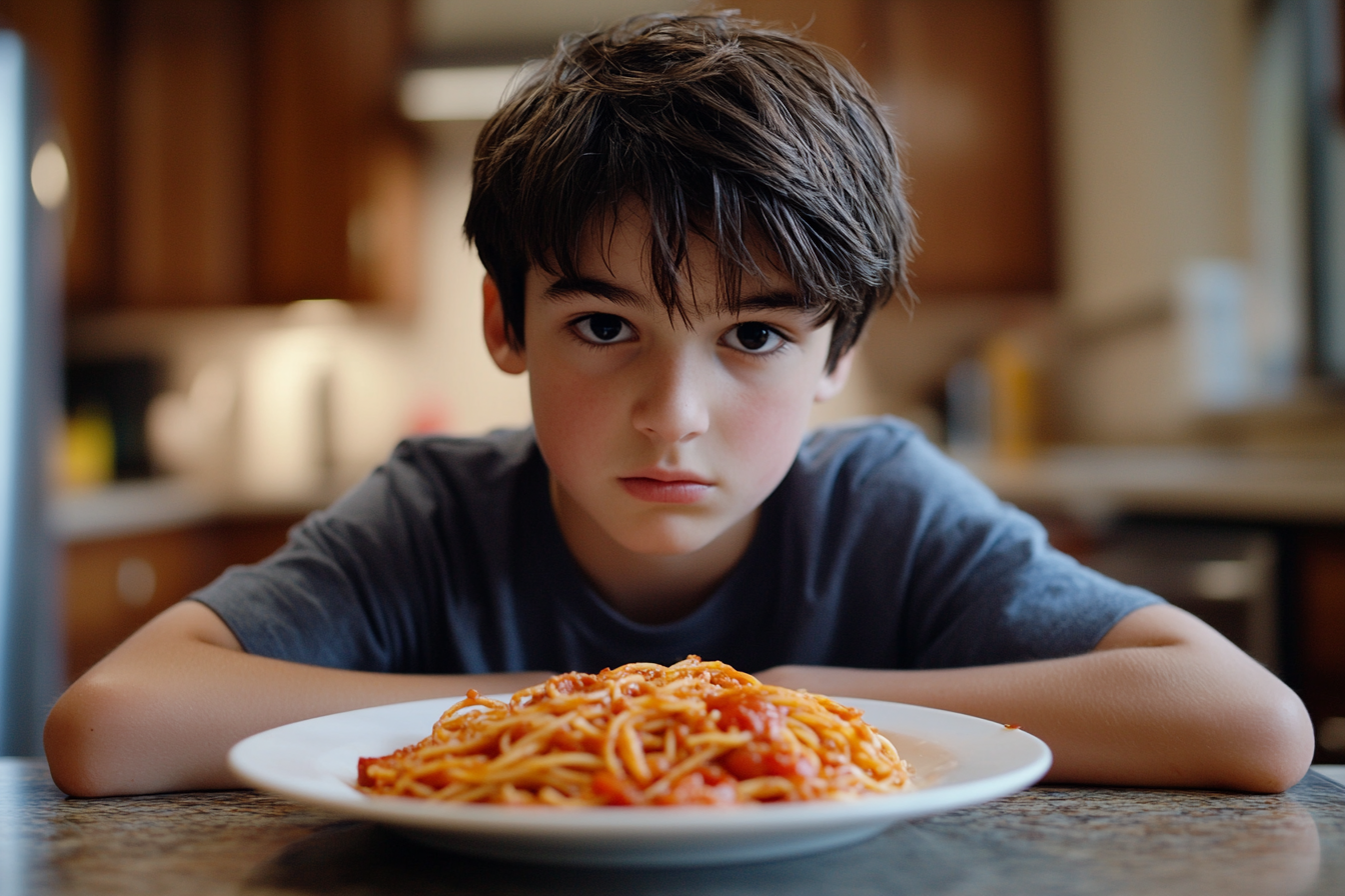 A sulky-looking teen boy seated at a kitchen table | Source: Midjourney