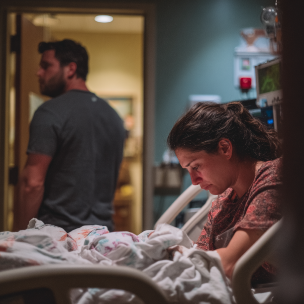 Man walks away leaving mother and baby in the hospital | Source: Midjourney