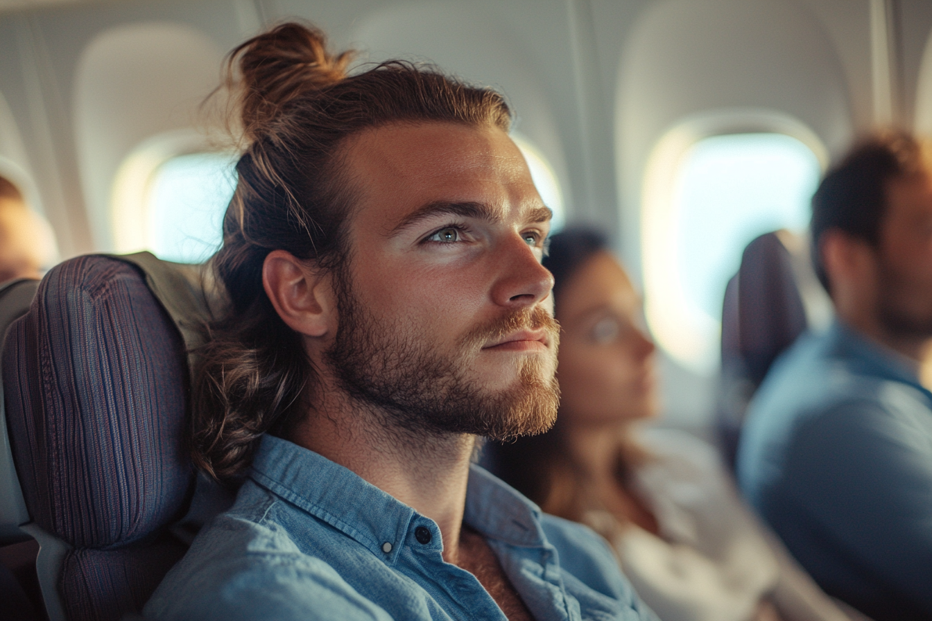 A man sits thoughtfully while flying on an airplane | Source: Midjourney