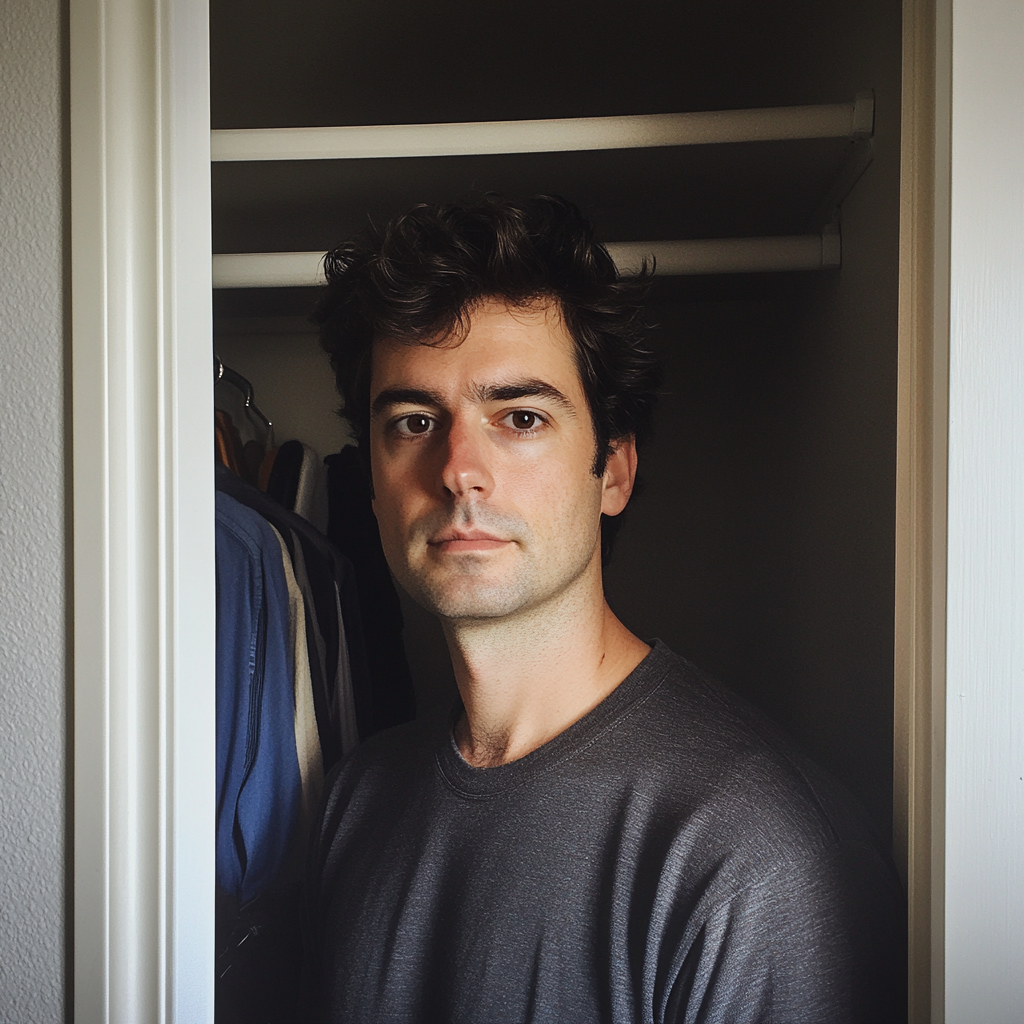 A man standing inside a closet | Source: Midjourney