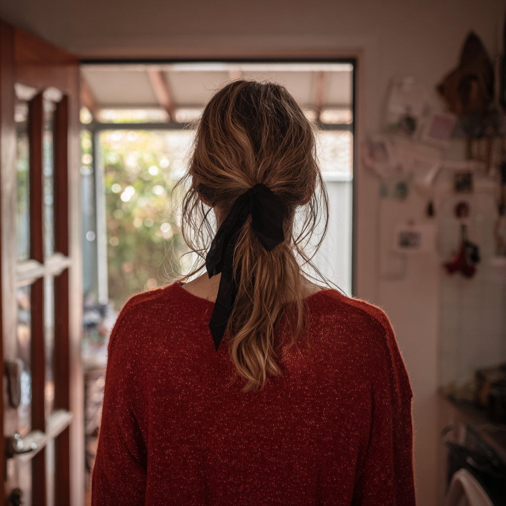 A woman walking out of a front door | Source: Midjourney