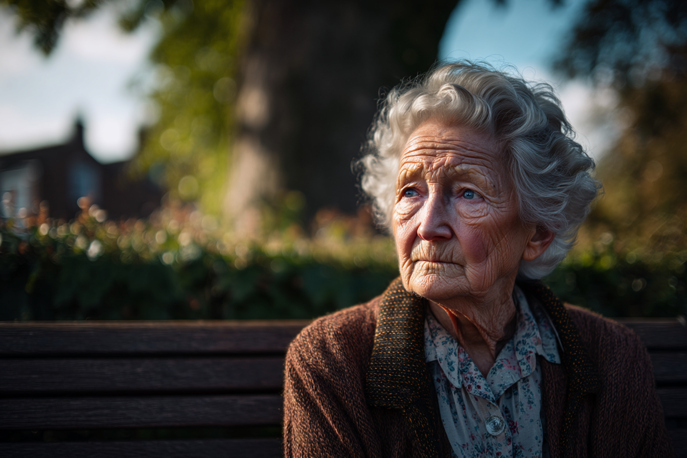 A woman sitting on a bench in a park | Source: Midjourney