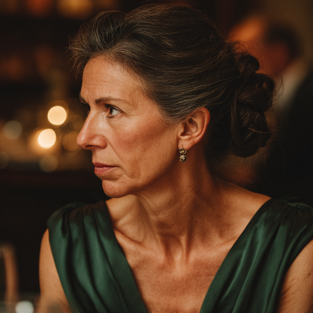 A concerned woman in an emerald dress | Source: Midjourney