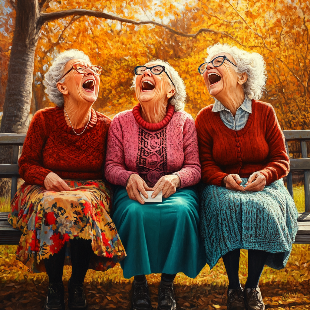 Three older ladies laughing in a park | Source: Midjourney