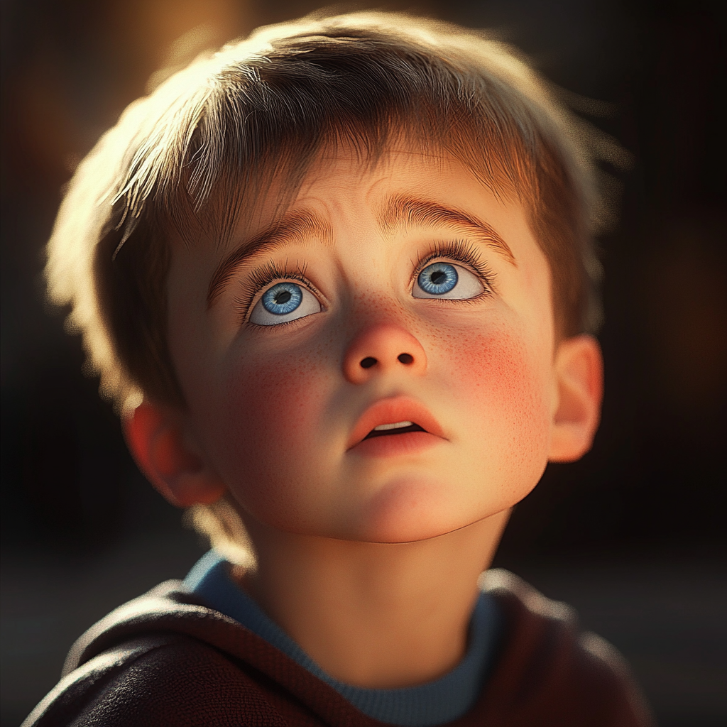 A desperate little boy looking up at someone | Source: Midjourney