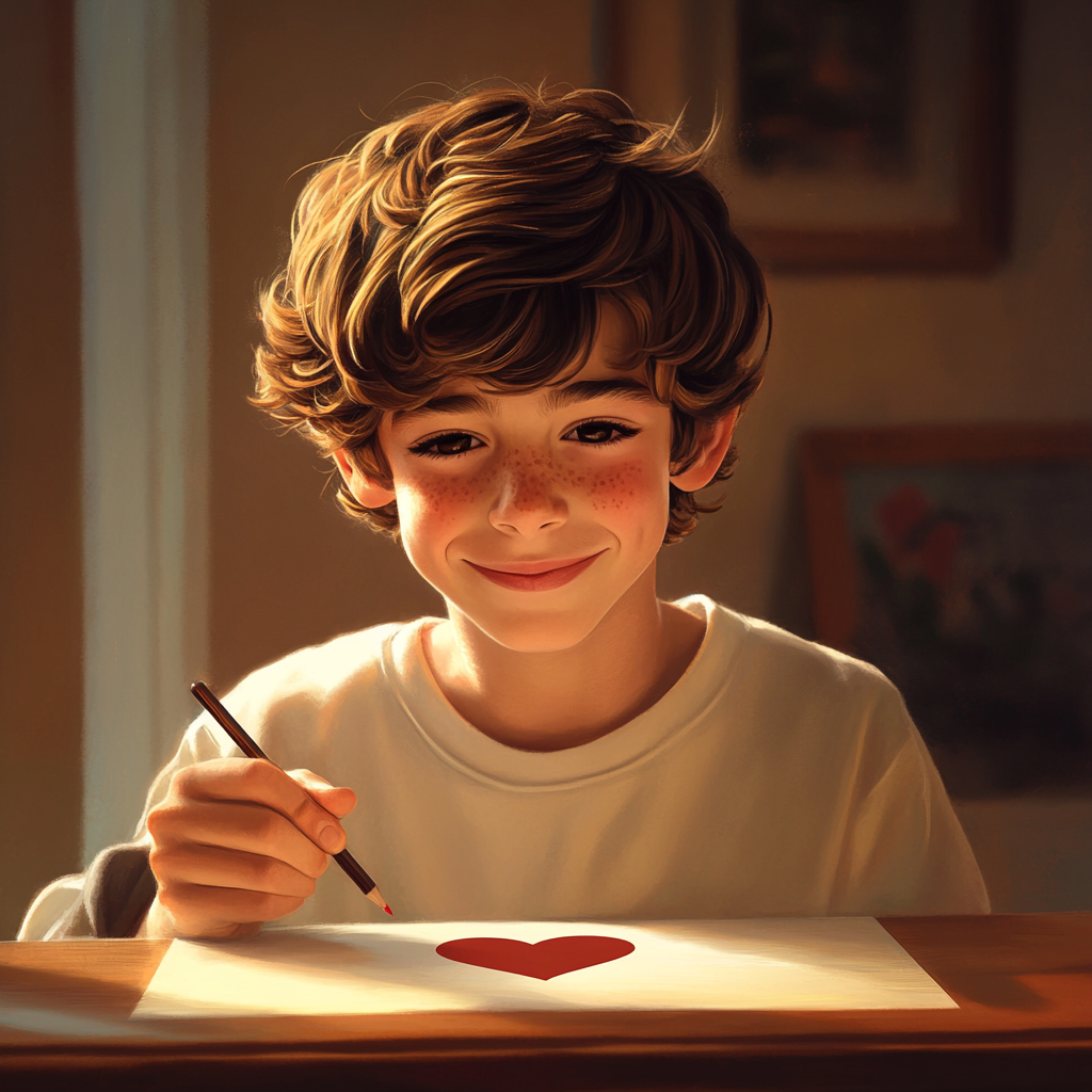 A teenage boy blushing while sketching a red heart on a piece of paper | Source: Midjourney