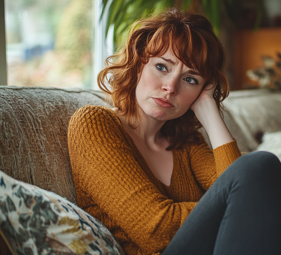 A woman on a sofa frowning | Source: Midjourney