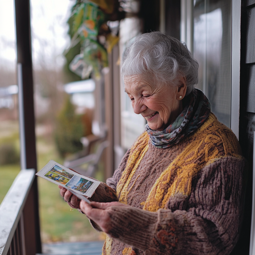 A happy woman with a postcard | Source: Midjourney