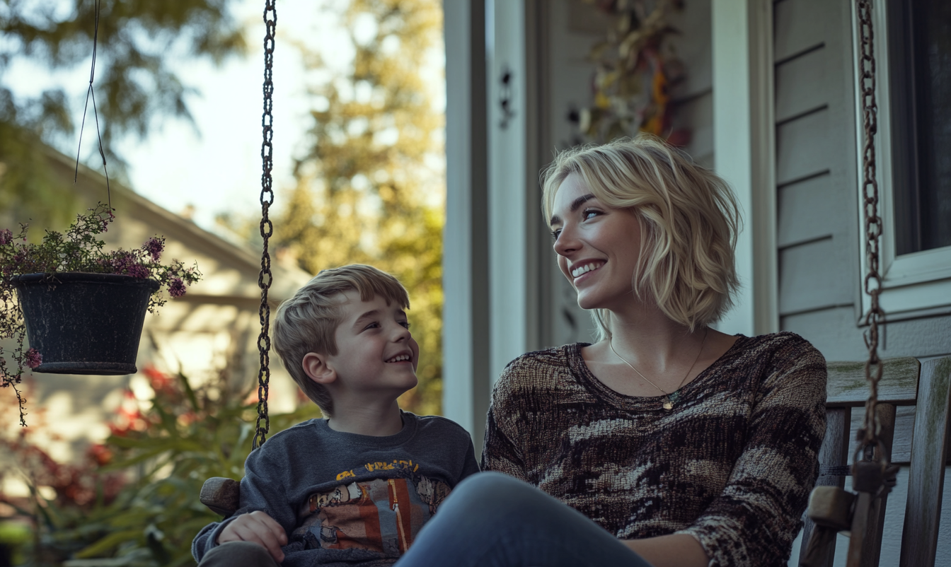 A mother and son on a porch swing | Source: Midjourney