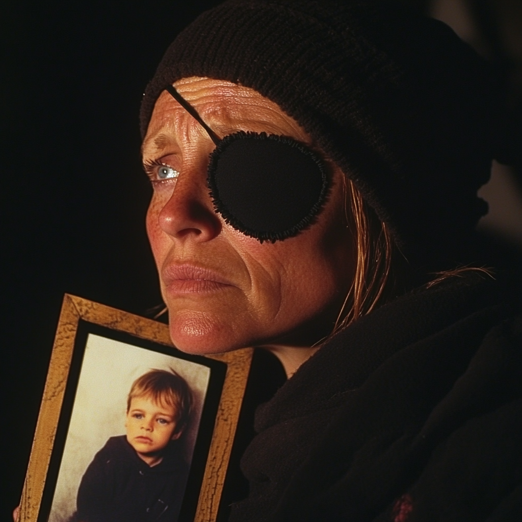 A heartbroken mother holding her son's childhood picture | Source: Midjourney