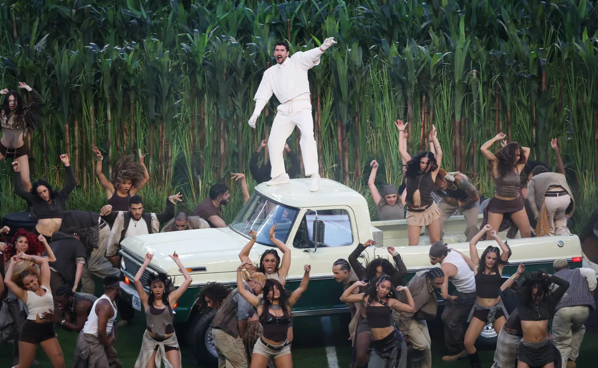Bad Bunny performs onstage during the Apple Music Super Bowl LX Halftime Show at Levi's Stadium in Santa Clara, California on February 8, 2026. | Source: Getty Images