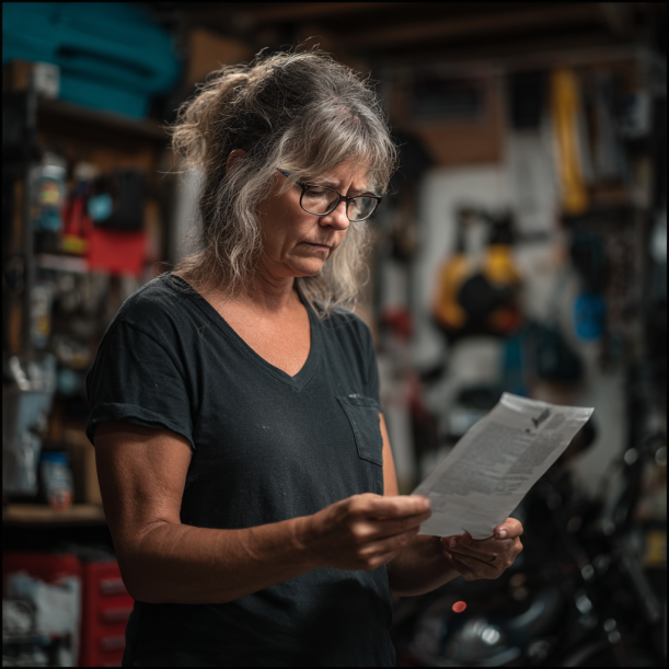 A woman reading a paper in a garage | Source: Midjourney