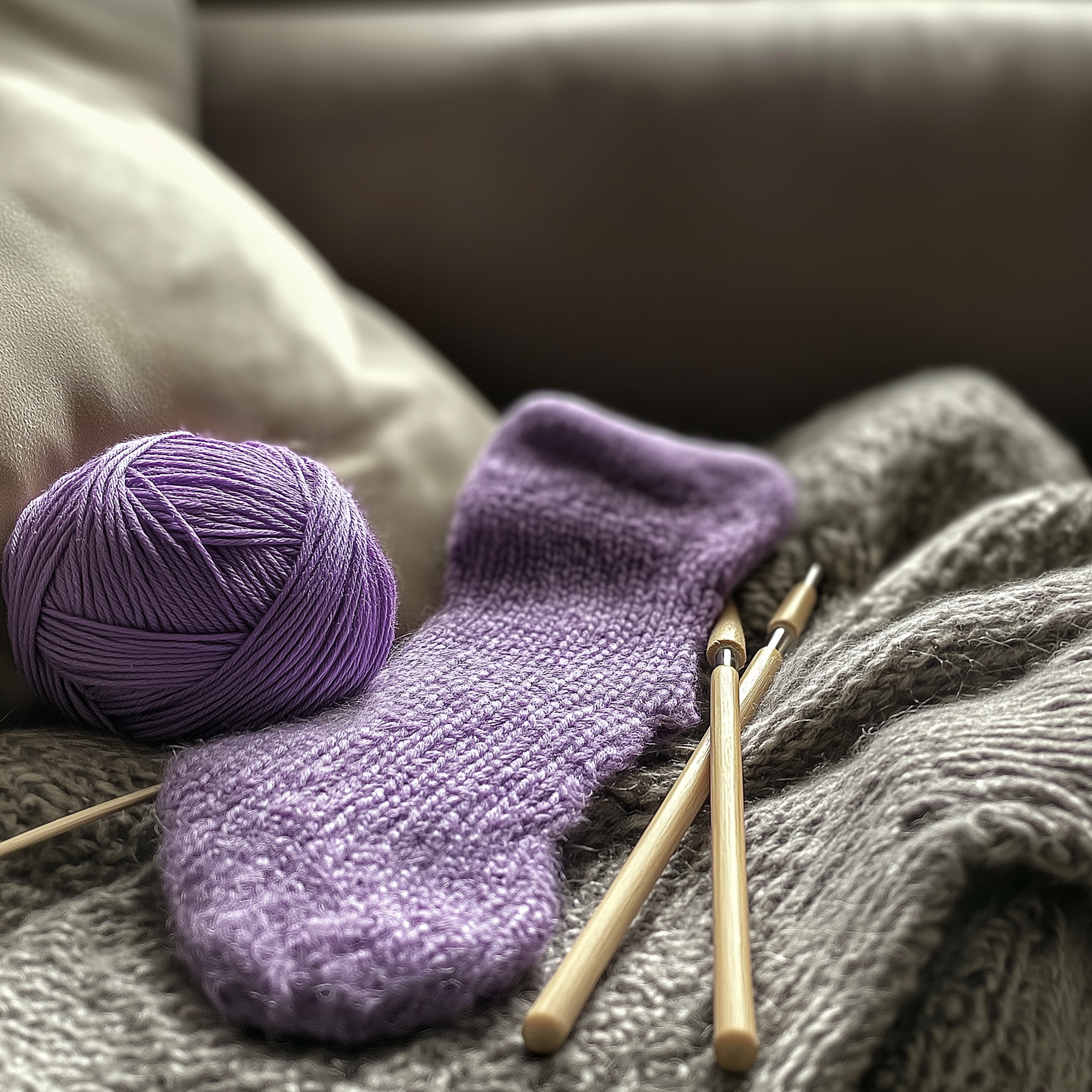 A lavender sock and knitting needles | Source: Midjourney