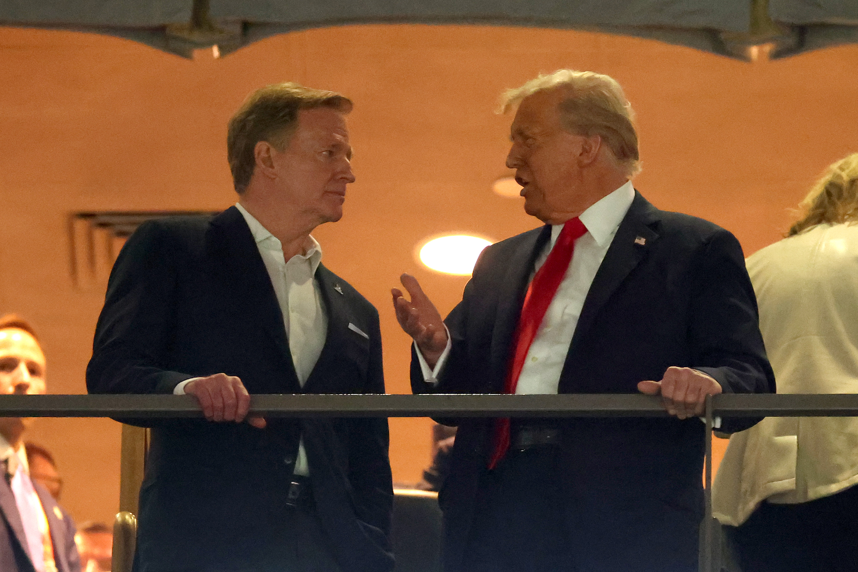 Roger Goodell meets Donald Trump before Super Bowl LIX between the Kansas City Chiefs and the Philadelphia Eagles at Caesars Superdome in New Orleans, Louisiana, on February 9, 2025 | Source: Getty Images