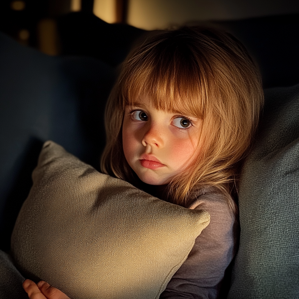 A little girl sitting on a couch | Source: Midjourney