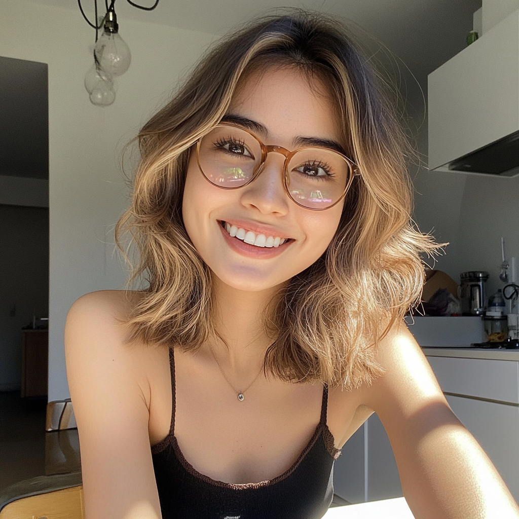 A smiling woman sitting at a table | Source: Midjourney