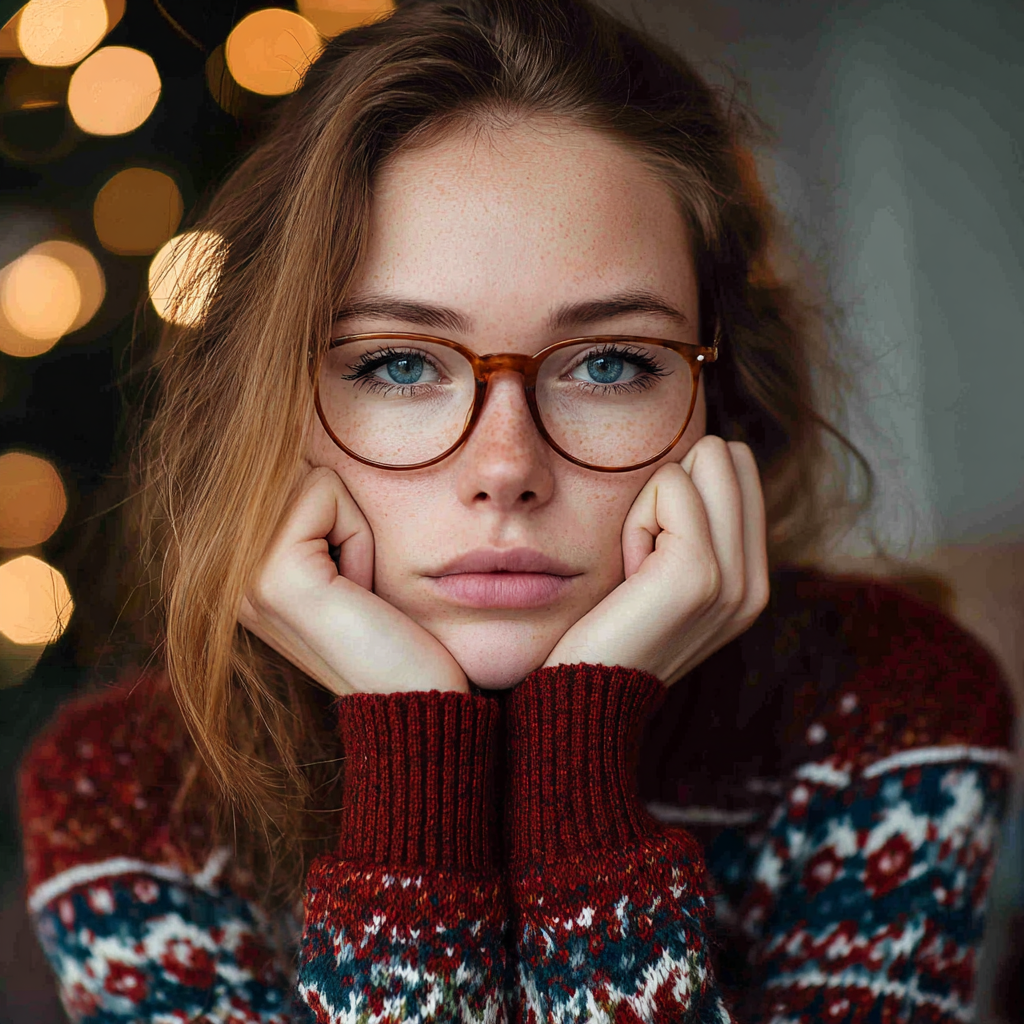 A pensive woman wearing a Christmas sweater | Source: Midjourney