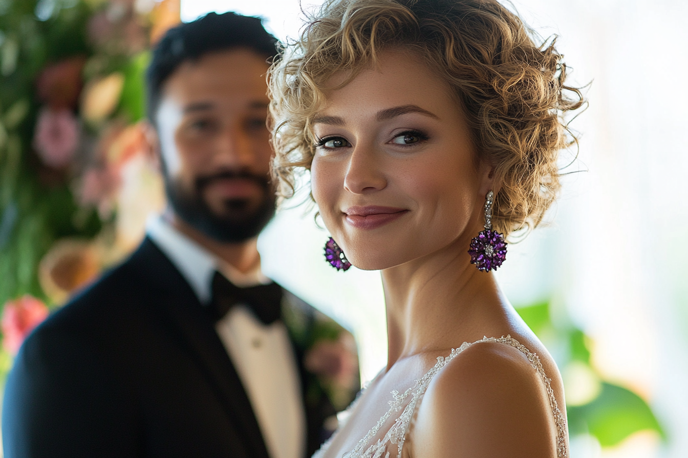 A bride smiling in front of a smiling groom | Source: Midjourney