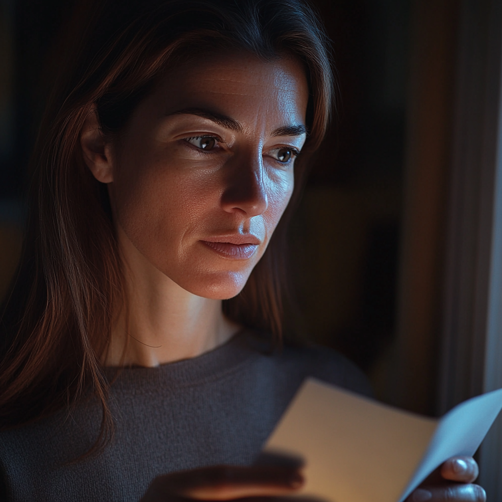 A woman looking at a note in her hands | Source: Midjourney