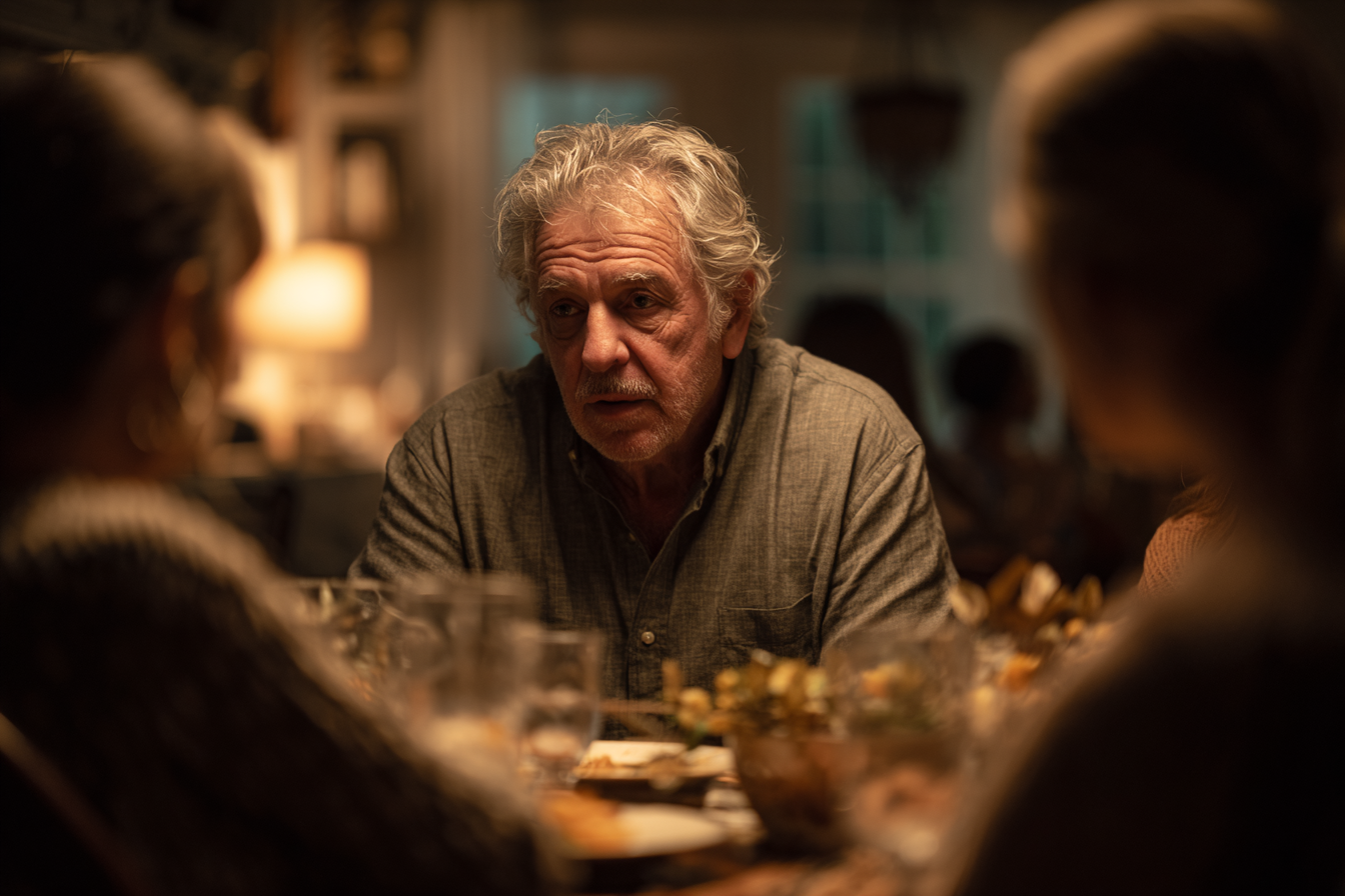 A older man sitting at a dinner table | Source: Midjourney