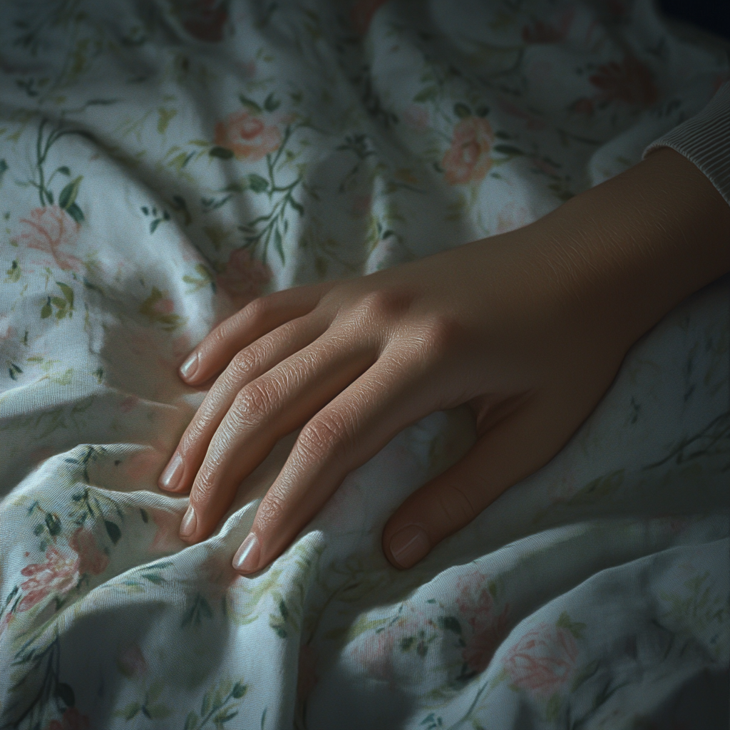 A girl's hand on a bedspread | Source: Midjourney