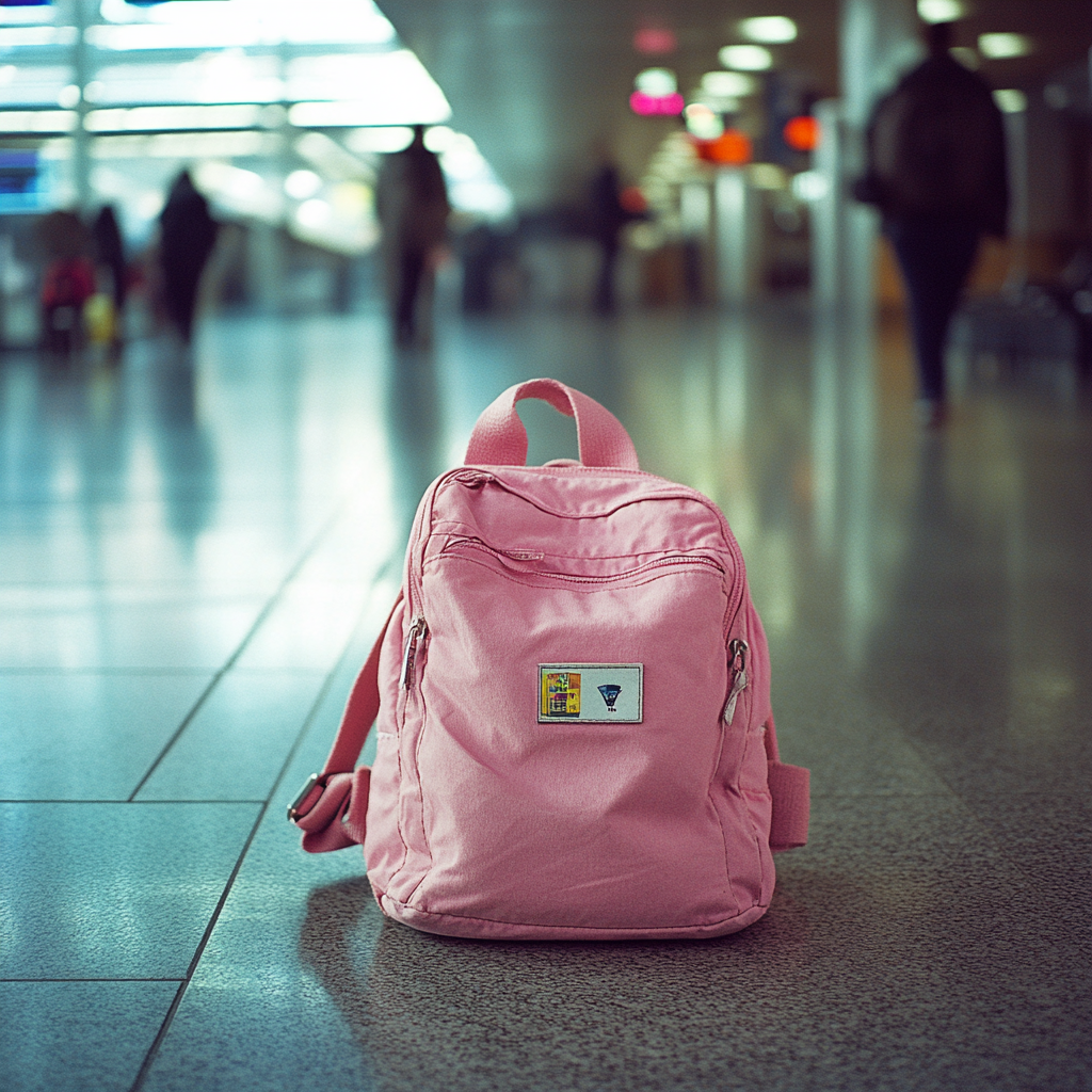 Uma mochila rosa no chão do aeroporto | Fonte: Midjourney