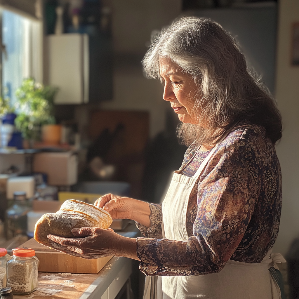 A woman holding a loaf of bread | Source: Midjourney