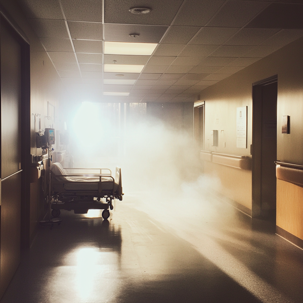 Smoke in a hospital hallway | Source: Midjourney