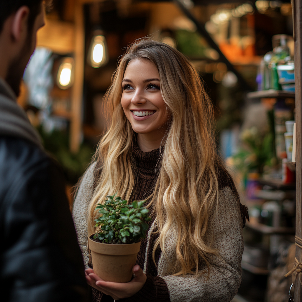 A smiling woman with a potted plant | Source: Midjourney