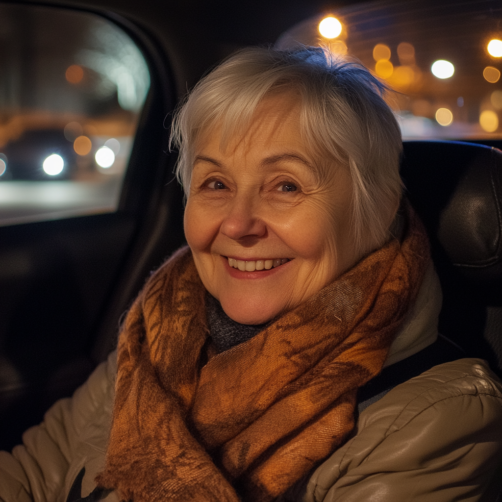 A smiling woman in the backseat of a car | Source: Midjourney