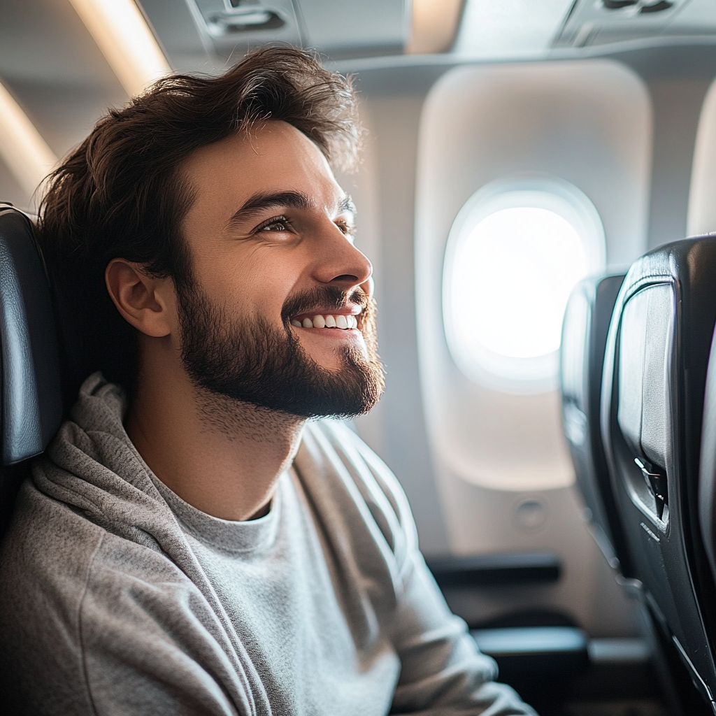 A man on a plane smiling at someone | Source: Midjourney