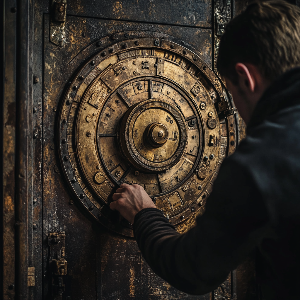 Young man opening an ancient safe | Source: Midjourney