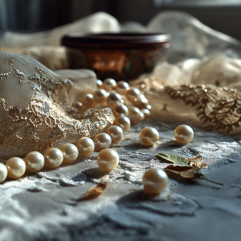 Torn material and scattered pearls | Source: Midjourney