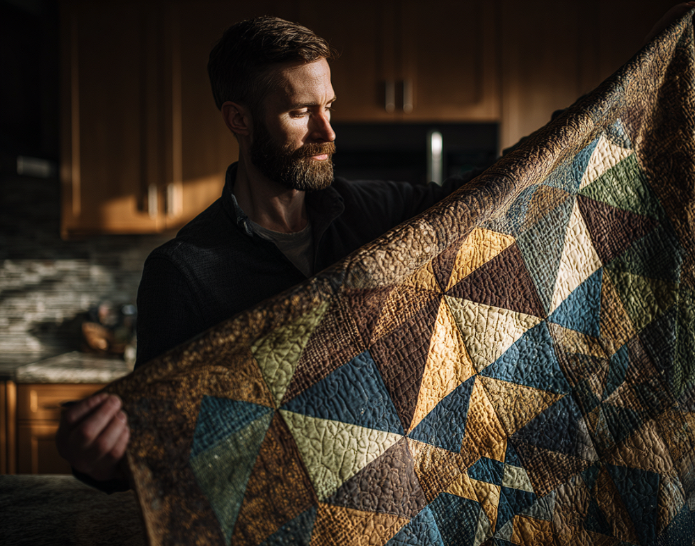 A man holding up a handmade quilt | Source: Midjourney