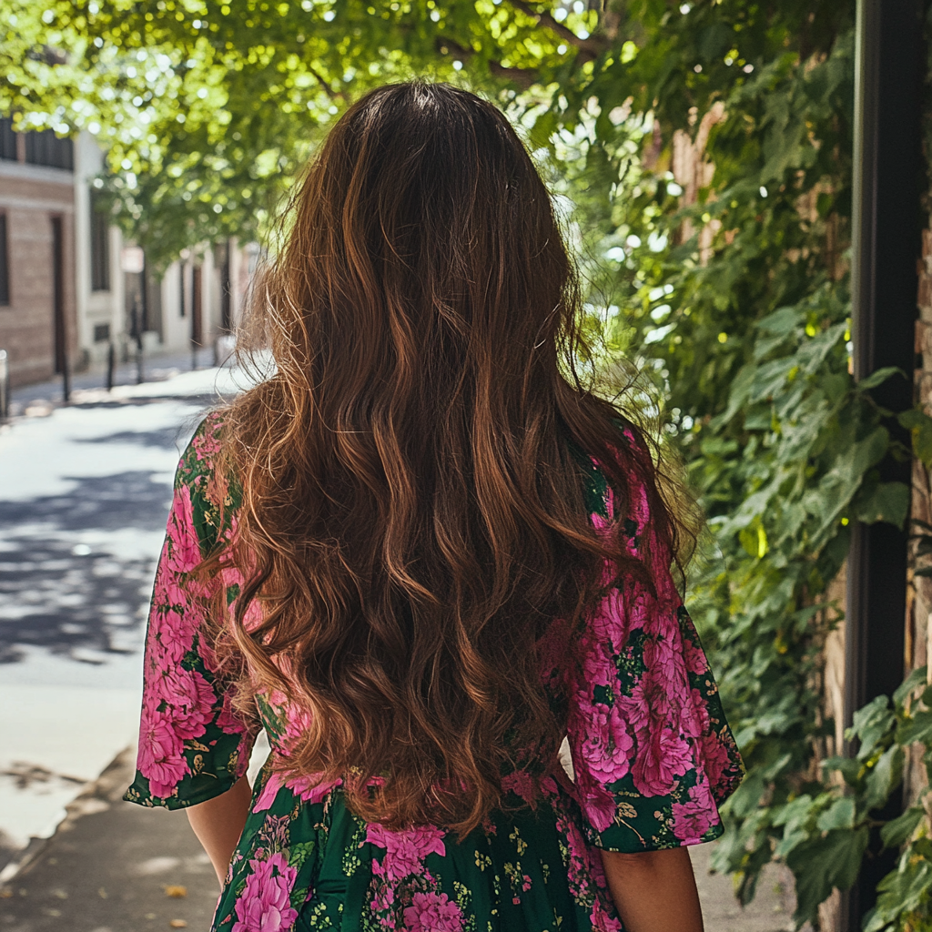 A woman walking down a sidewalk | Source: Midjourney