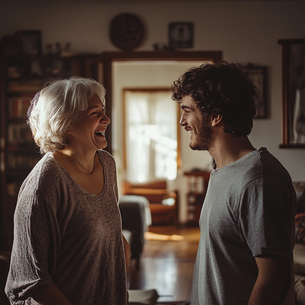 A woman laughing with her son | Source: Midjourney