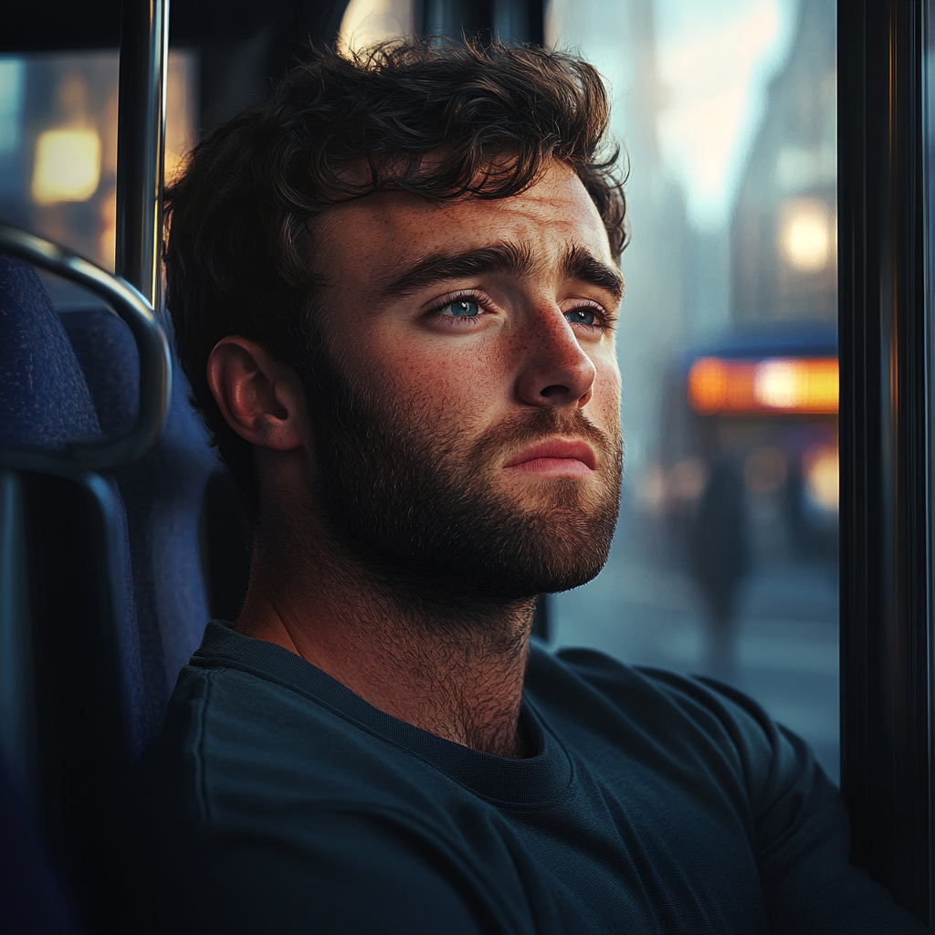 A sad man sitting in a bus | Source: Midjourney