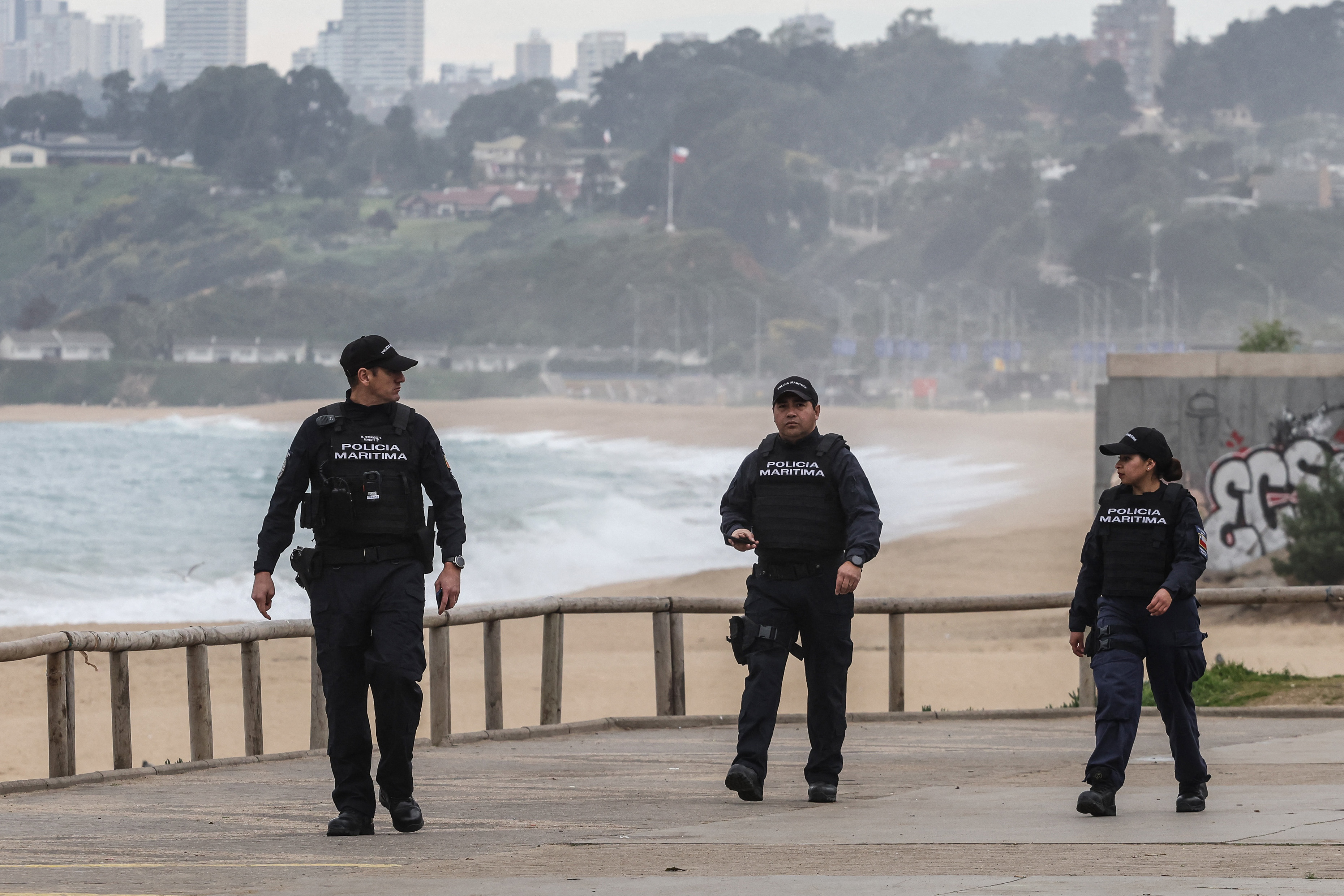 Members of the Chilean police force patrol the coastal area during an evacuation due to a tsunami warning on July 30, 2025, in Viña del Mar, Chile. | Source: Getty Images