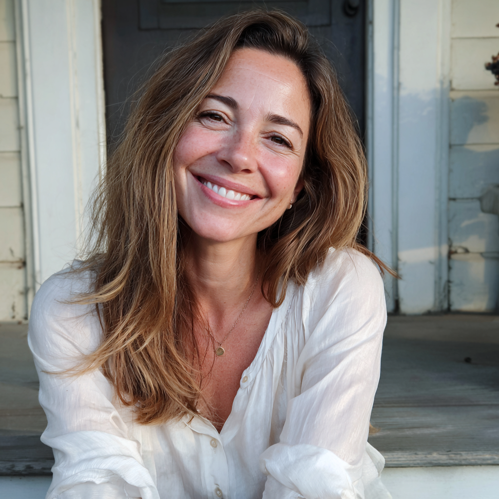 A smiling woman sitting on a porch | Source: Midjourney