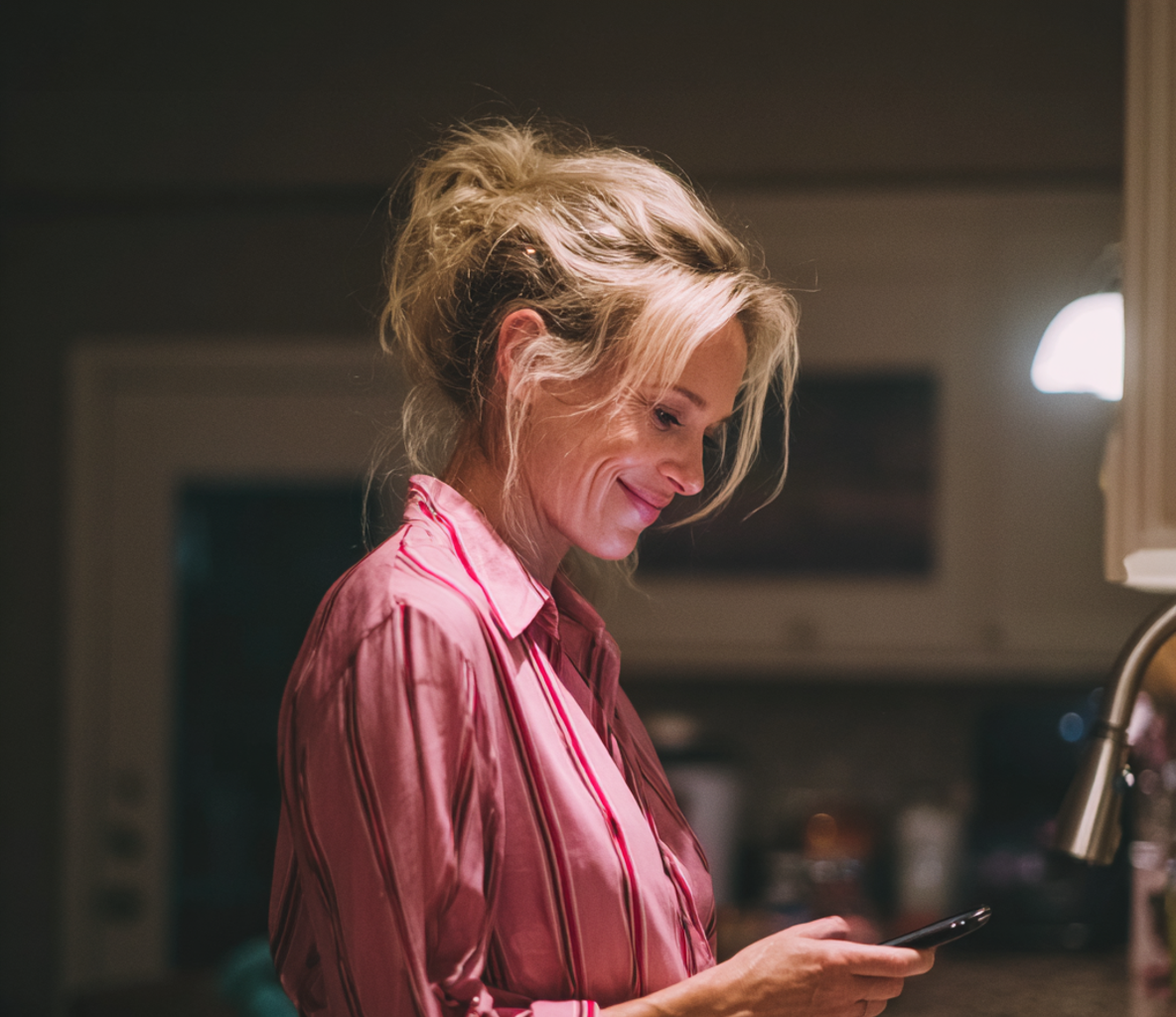 A woman using her phone in a kitchen | Source: Midjourney