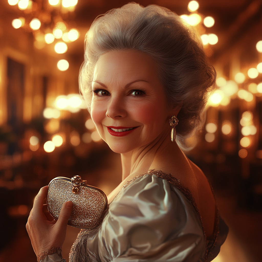 A rich senior woman holding a shimmery purse | Source: Midjourney