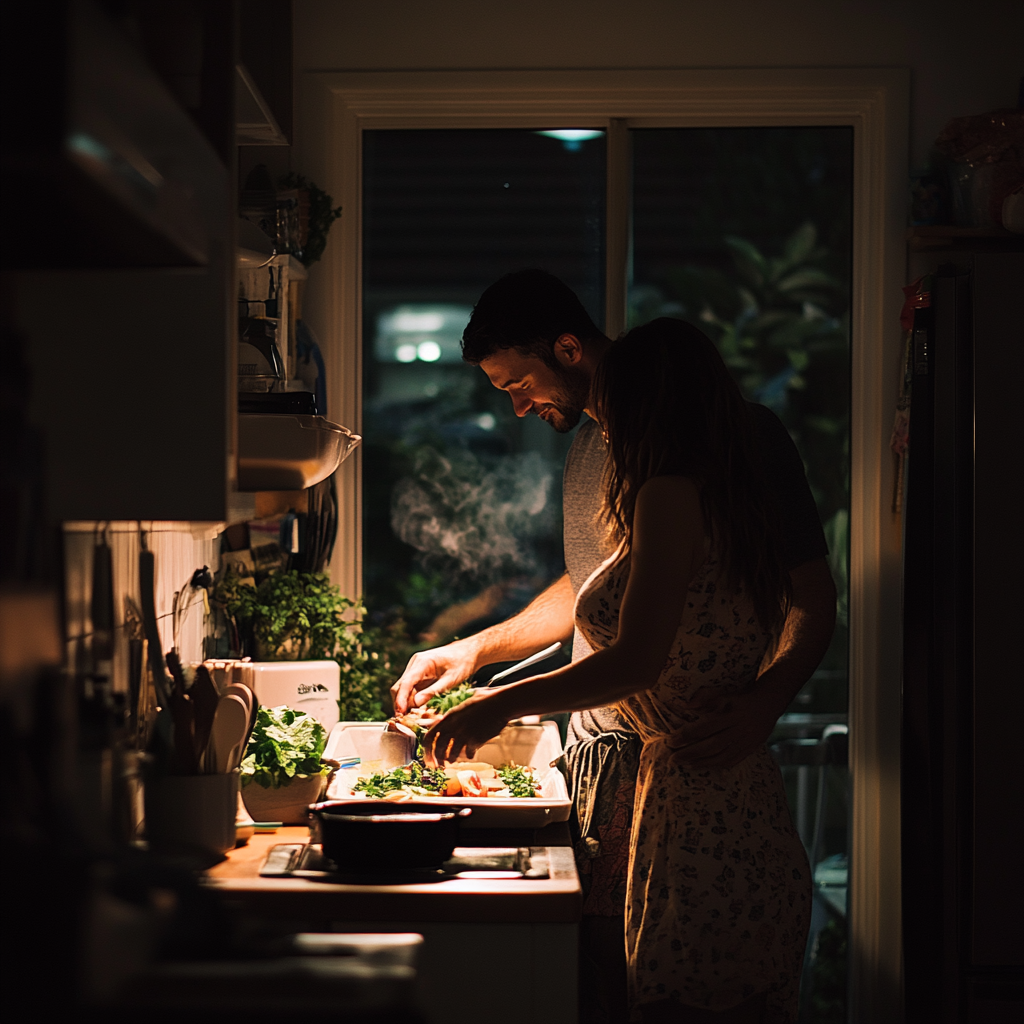 Couple in the kitchen preparing dinner | Source: Midjourney