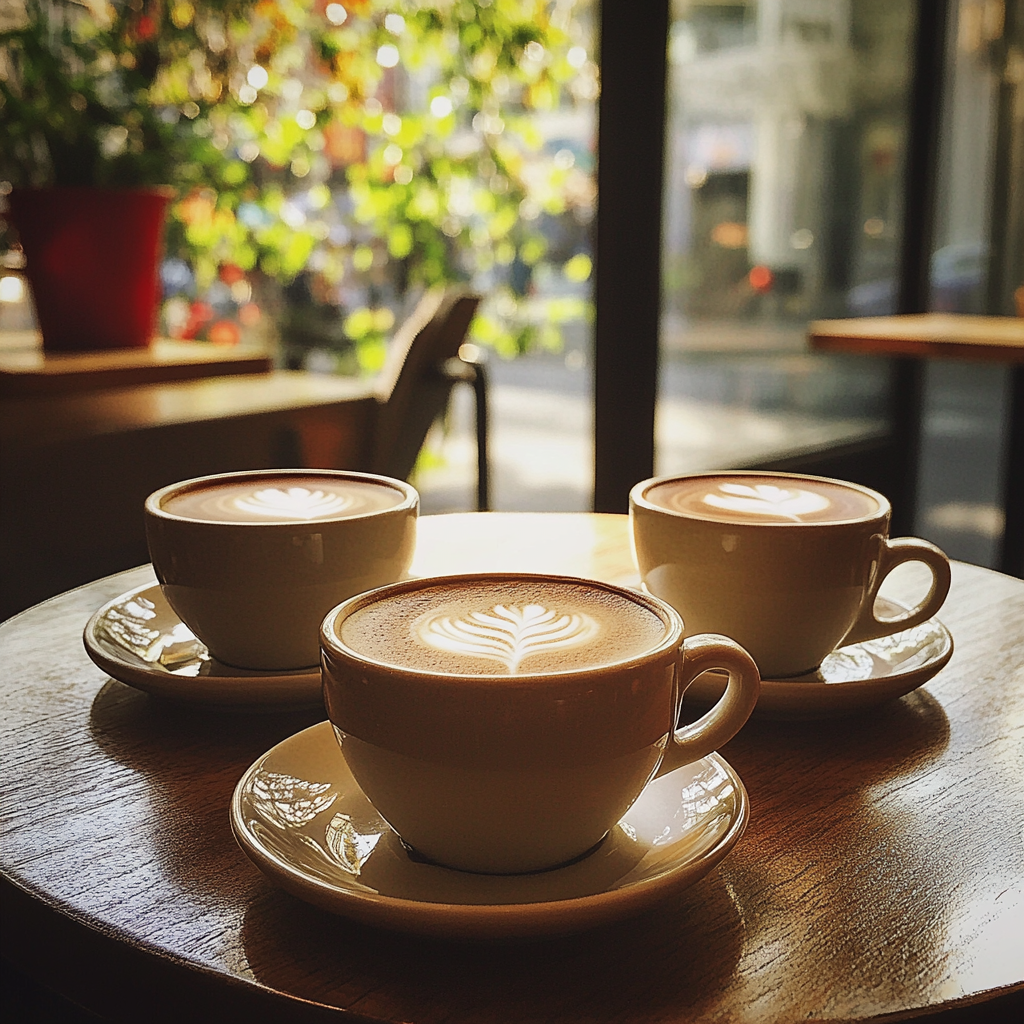 Three cups of coffee on a table | Source: Midjourney