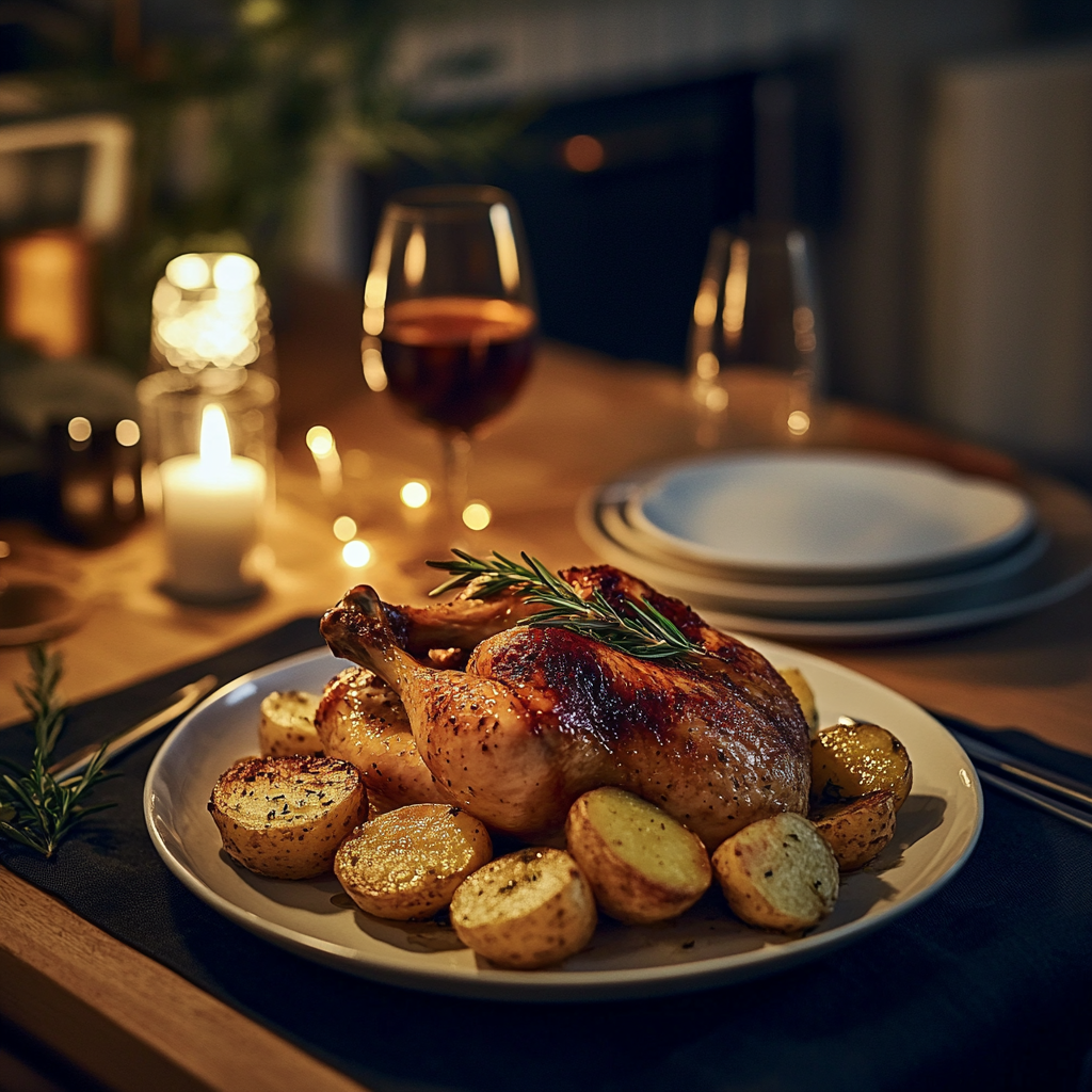 A photo showing roasted chicken served with rosemary potatoes for dinner | Source: Midjourney