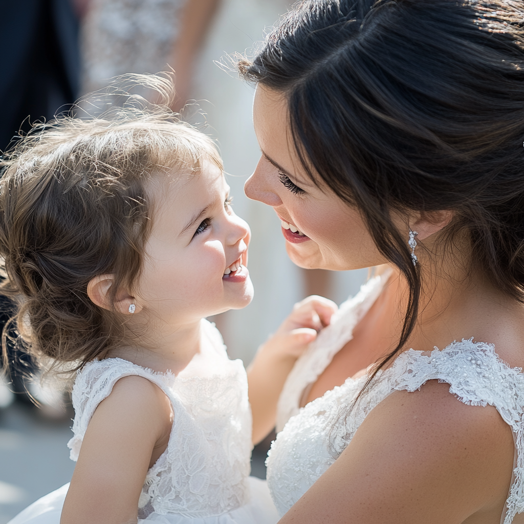 A bride smiling at a little girl | Source: Midjourney