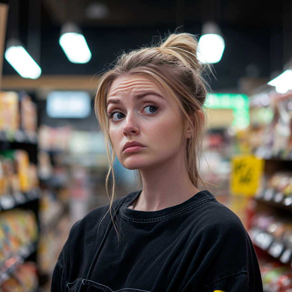 A woman looks surprised and worried while standing in a grocery store | Source: Midjourney