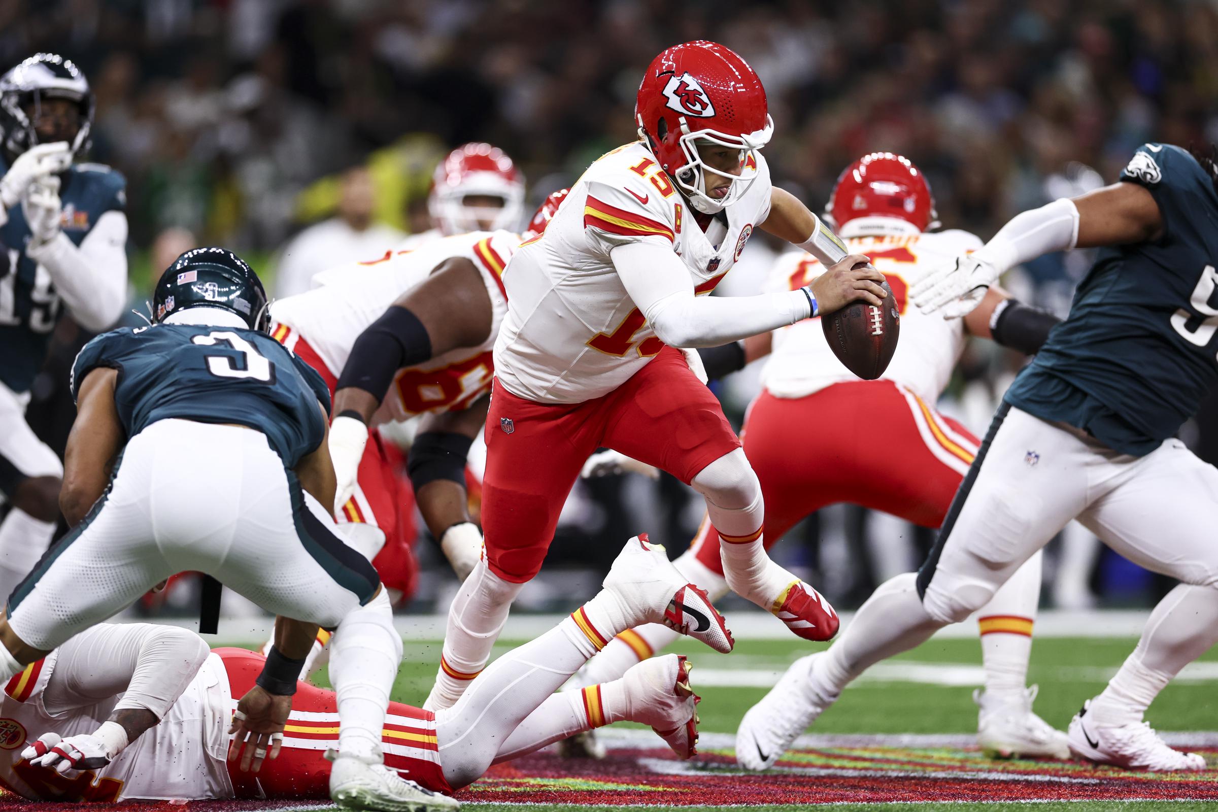 Patrick Mahomes scrambling against the Philadelphia Eagles in the first half during Super Bowl LIX at Caesars Superdome on February 9, 2025. | Source: Getty Images