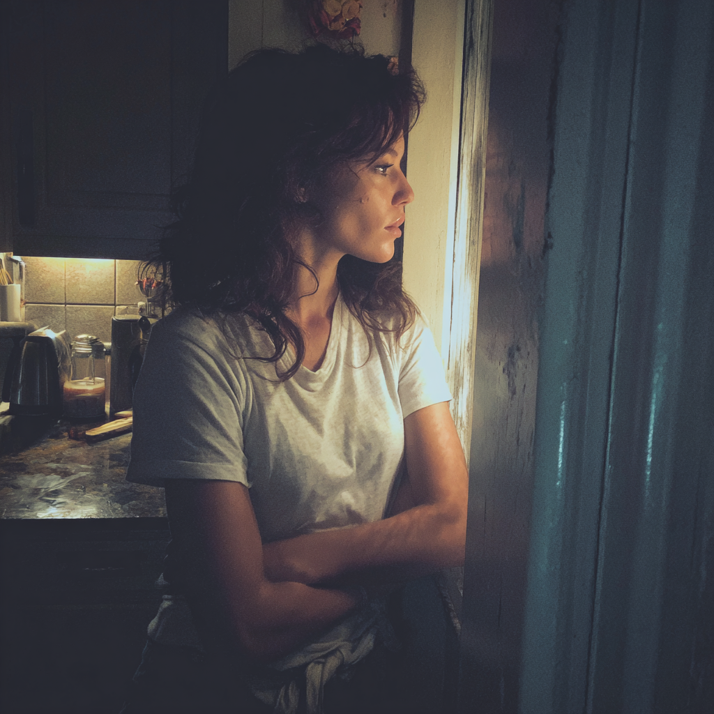 A woman standing and looking out a window | Source: Midjourney